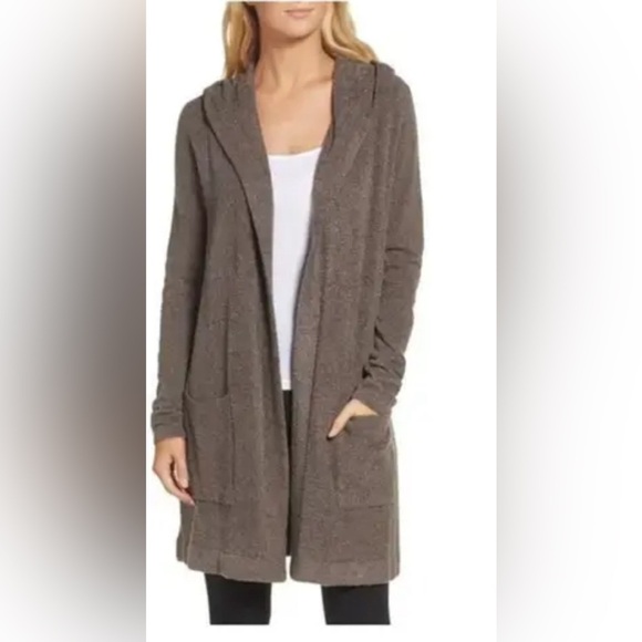 Barefoot Dreams Hooded CozyChic Relaxed Open Front Cardigan in Charcoal Gray - Picture 1 of 9